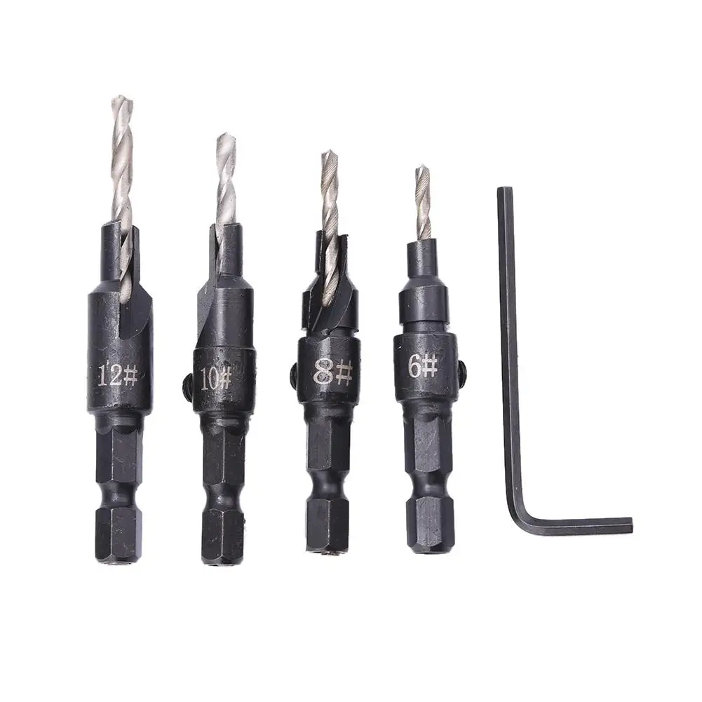 4pcs HSS Countersink Drill Bit Set 1/4 Hexagonal Handle Chamfer Corresponding Drill 6#/8#/10#/12# 4pcs HSS Countersink Drill Bit Set 1/4 Hexagonal Handle Chamfer Corresponding Drill 6#/8#/10#/12#