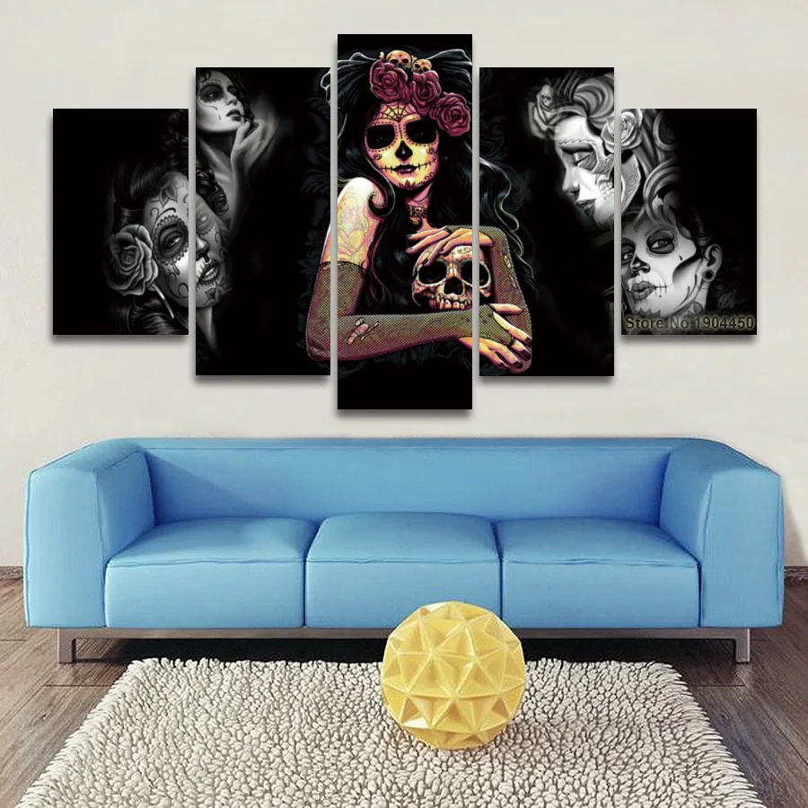 5 Panel Painting Canvas Wall Art Sugar Skull Modular Picture Hd Painting Canvas Wall Art Sugar Skull