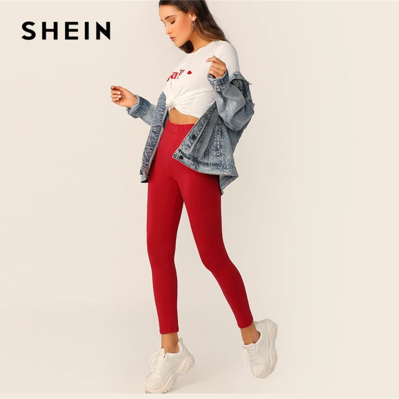 SHEIN однотонные леггинсы с эластичной резинкой на талии,, черные, красные, весна-осень, эластичные однотонные леггинсы, сексуальная женская одежда, леггинсы для тренировок