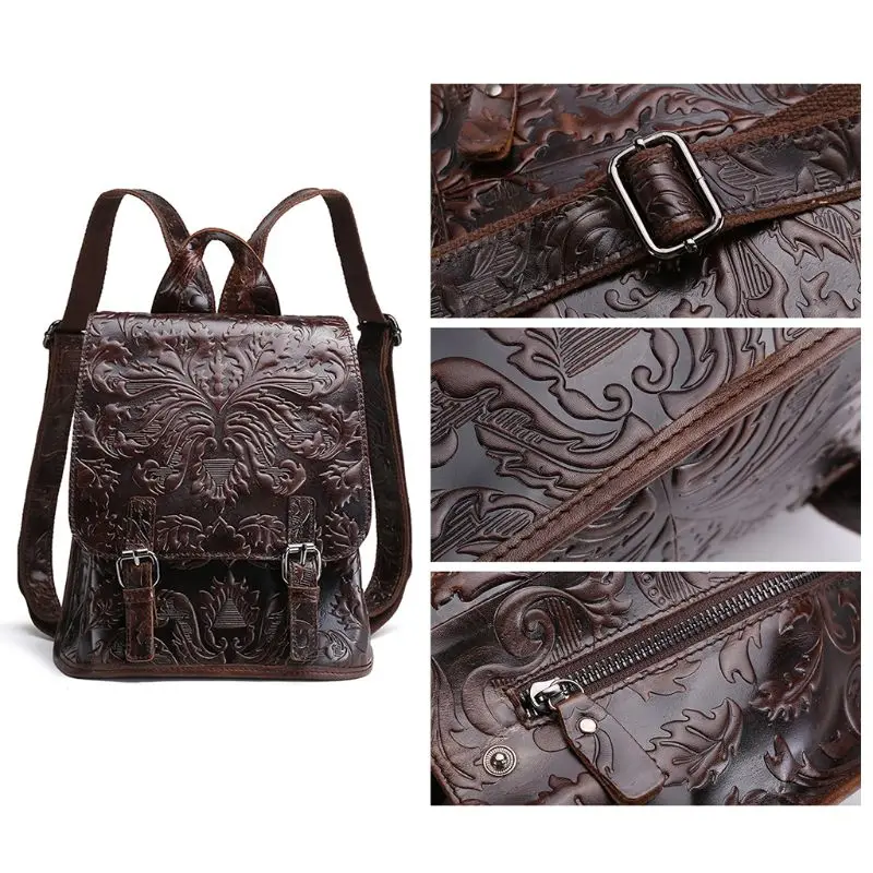 

Women Embossed Genuine Leather Vintage Backpack Shoulder Bag School Travel Rucksack