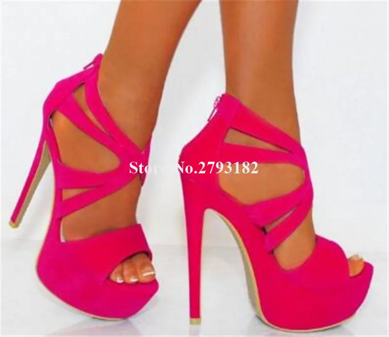 

Women Sexy Fashion Super High Platform Suede Leather Stiletto Heel Sandals Rose Red Back Zipper-up High Heel Sandals Dress Heels