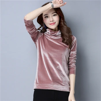 

OllyMurs 2019 New Women Velour Shirts Ladie Retro Velvet Blouse Long Sleeve Turtleneck Tees Tops Elegant Casual Bottoming Shirts