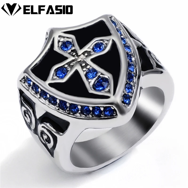 Men's Women's Silver Blue Crystal Cross Noble Knight Stainless Steel Ring Size 8-15