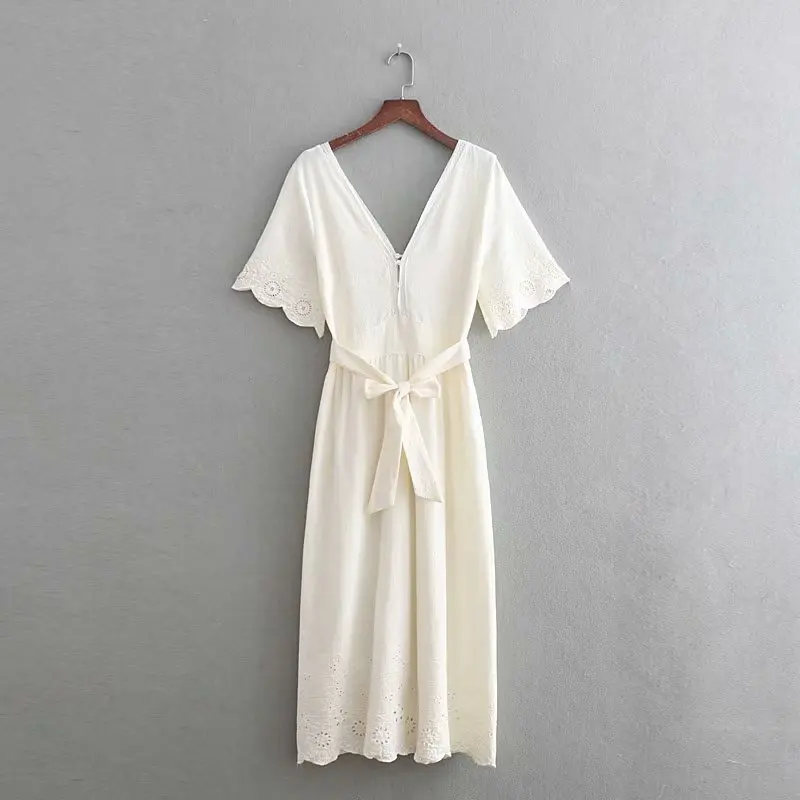 2018 Женские винтажные v шеи выдалбливают Вышивка Миди Платье vestidos летнее