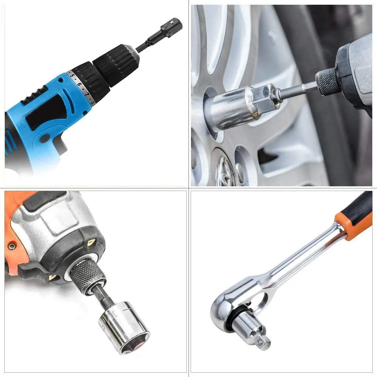 HHO-Impact Adapter and Reducer Set Extension Set Turns Power Drill Into High Speed Nut Driver. 1/4 inch, 3/8 inch, and 1/2 inc