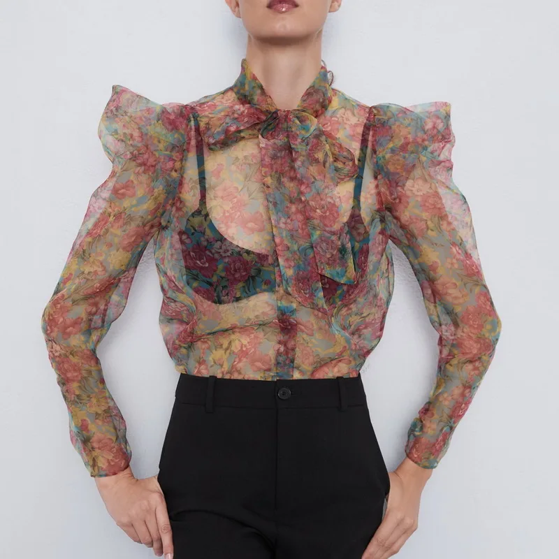 

Sexy Women Blouse Summer 2019 New Fashion Transparent Organza Floral Prints Bow Collar Modern Lady See Through Ruffle Shirts