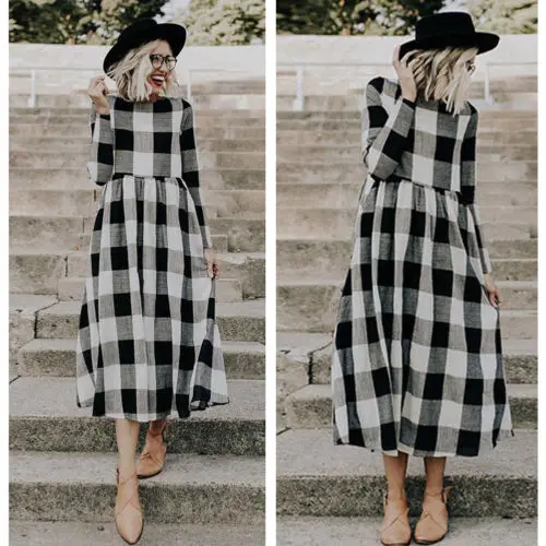 

New Vintage Black&White Plaid Dress Women Long Maxi Dress Plaid Lady Loose Check Dress Party Club Lady Casual Long Sleeve Dress