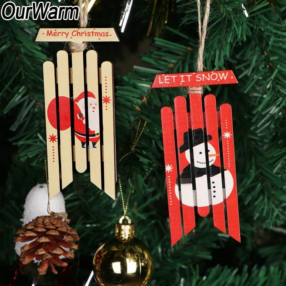 Aliexpress Buy OurWarm 2Pcs Vintage Wooden Sled Christmas Ornaments Santa Claus Snowman Pattern New Year Gift Tag Christmas Tree Decorations from