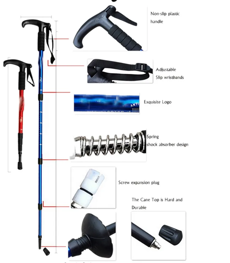 Светильник, палка для ходьбы, Треккинговая палка, алюминиевый сплав, телескопический походный альпеншток, 4 секции, анти-шок, противоскользящий компас, функция