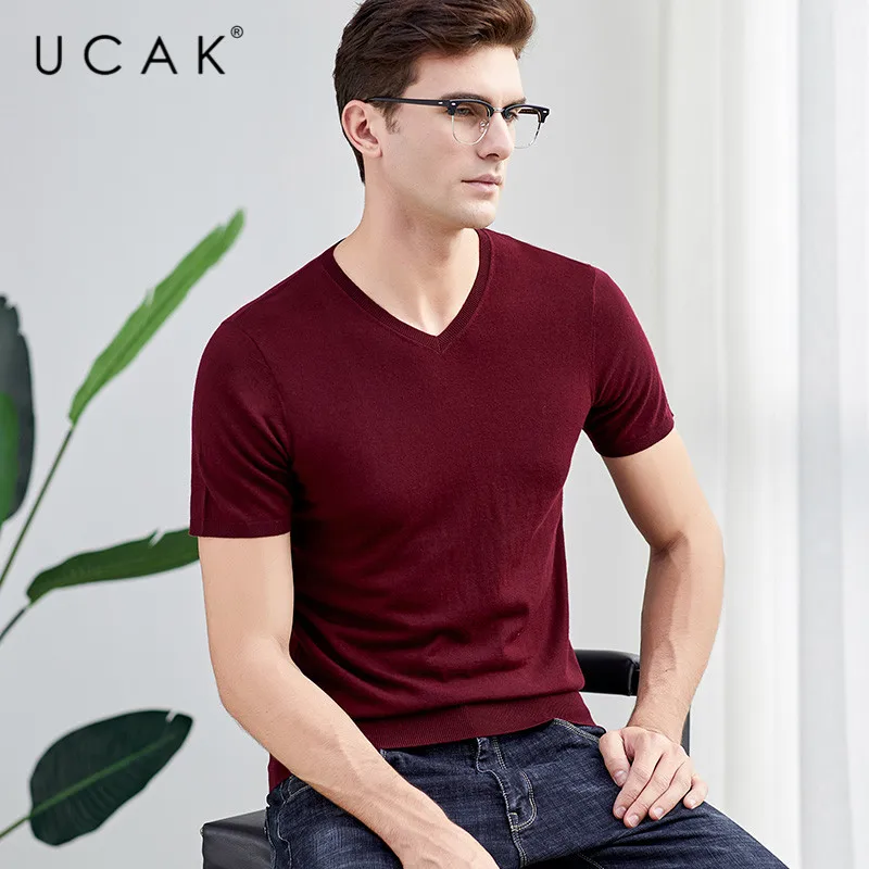 UCAK Brand Sweater Men Casual Short Sleeve V-Neck Pull Homme Pure Merino Wool Pullover Men Autumn Winter Cashmere Sweaters U3001