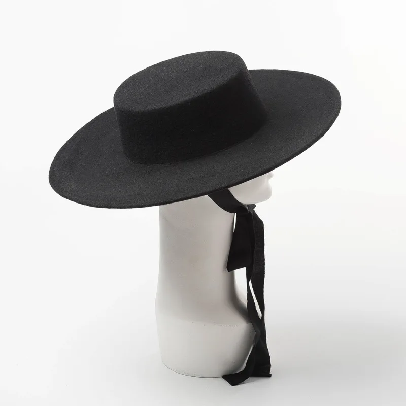 01906-HH8142 autumn winter FLAT jazz cap wool long black ribbon fedoras cap men women leisure panama hat