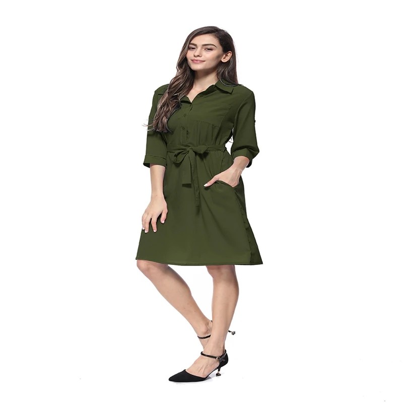 Miguofan/офисное женское платье-рубашка, женские пояса с отложным воротником, миди платье, большие размеры, однотонные, армейские, зеленые