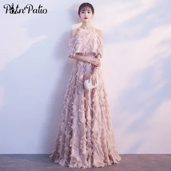 

Elegant Pink Evening Dress with Jacket Halter Off Shoulder Feather Long Formal Dress Luxury Special Occasion Dresses Plus Size