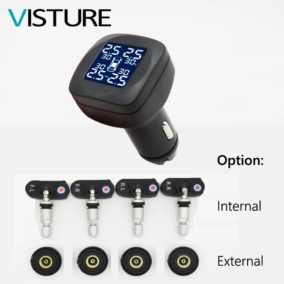 

TPMS Car Tire Pressure Alarm Monitor System 4 External Internal Sensor Temperature Alarm Cigarette Lighter Visture T02W T05N