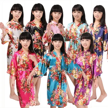 

New Arrival Flower Girls Wedding Robe Stain Silk NightGown Sleeprobe Children's Bathrobe Bridesmaid Party Kimono Evening Gowns