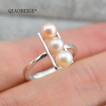 

QIAOBEIGE 925 Sterling Silver Bead Ring Mounting /Setting Wholesale Free Ring Size H shape three pearls open finger ring luxury
