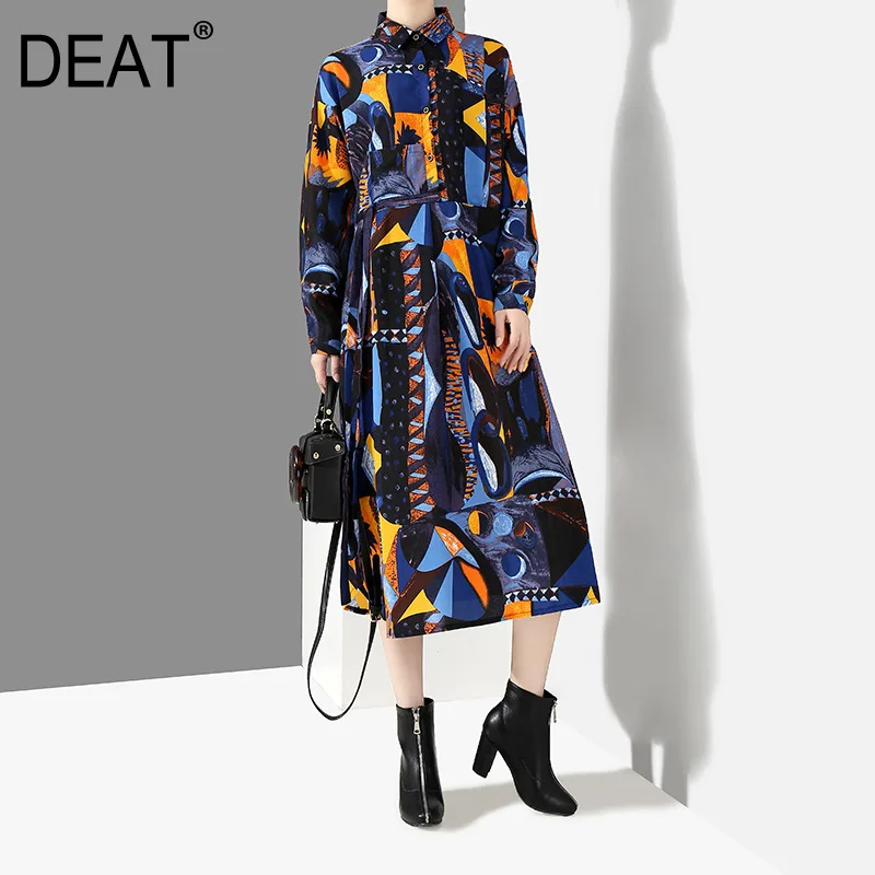 

[DEAT] 2020 New Autumn Winter Lapel Long Sleeve Blue Pattern Prited Loose Large Size Pocket Dress Women Fashion Tide JI485