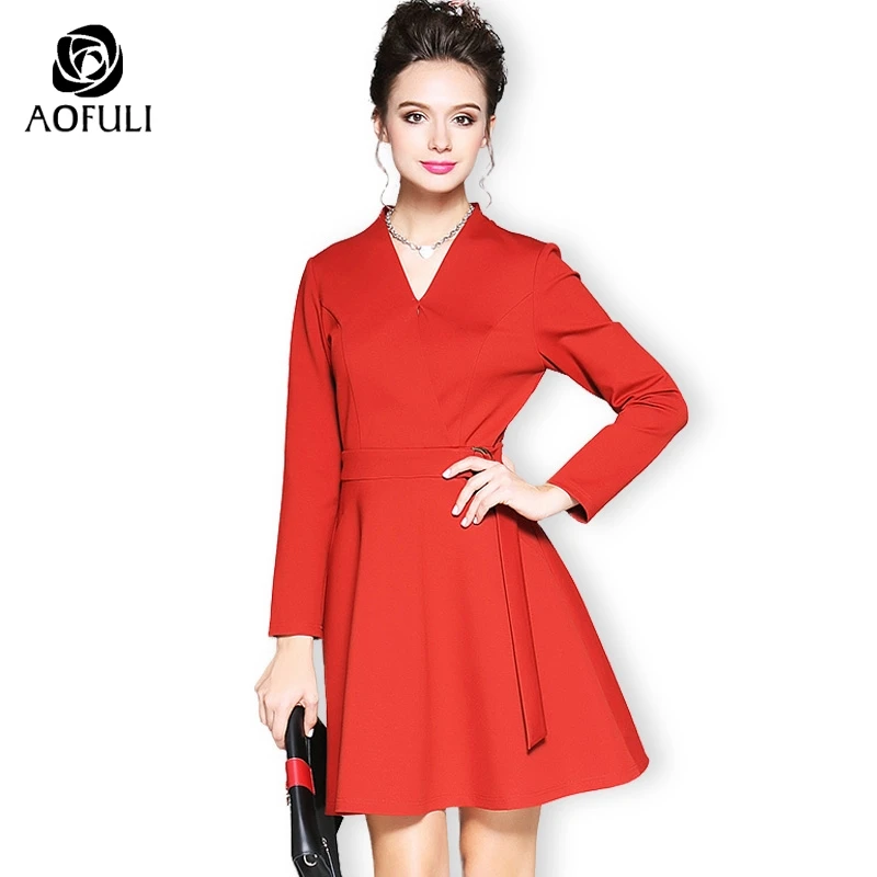 AOFULI Brand Women V-neck A-line Dresses Plus Size Cross Long Sleeve Solid Dresses With Ribbon Belt Fashion Red M- 4XL 5XL 6158