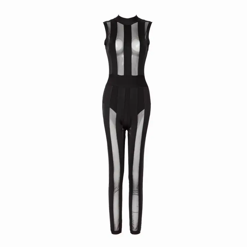 New-Arrivals-Women-s-Sexy-Hollow-Out-Mesh-Sleeveless-Green-Black-Bandage-Jumpsuit