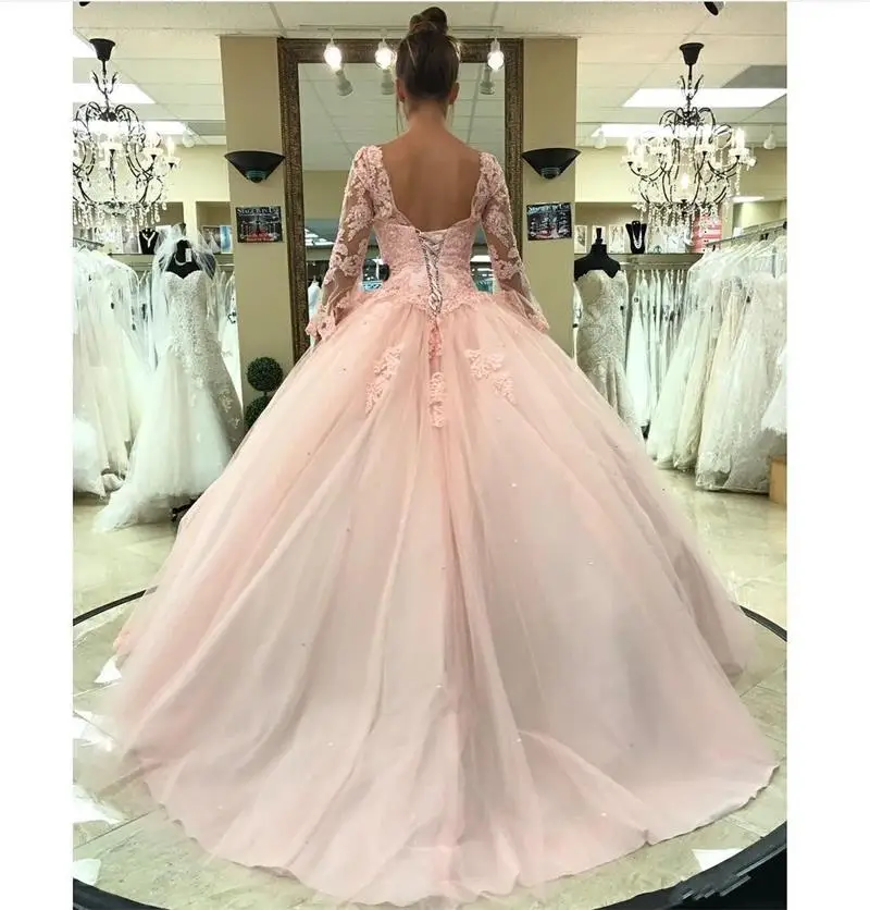 Розовое Бальное Платье принцессы бальные платья с v-образным вырезом и длинными расклешенными рукавами иллюзионные Кружевные Аппликации корсет сзади Vestidos De 15