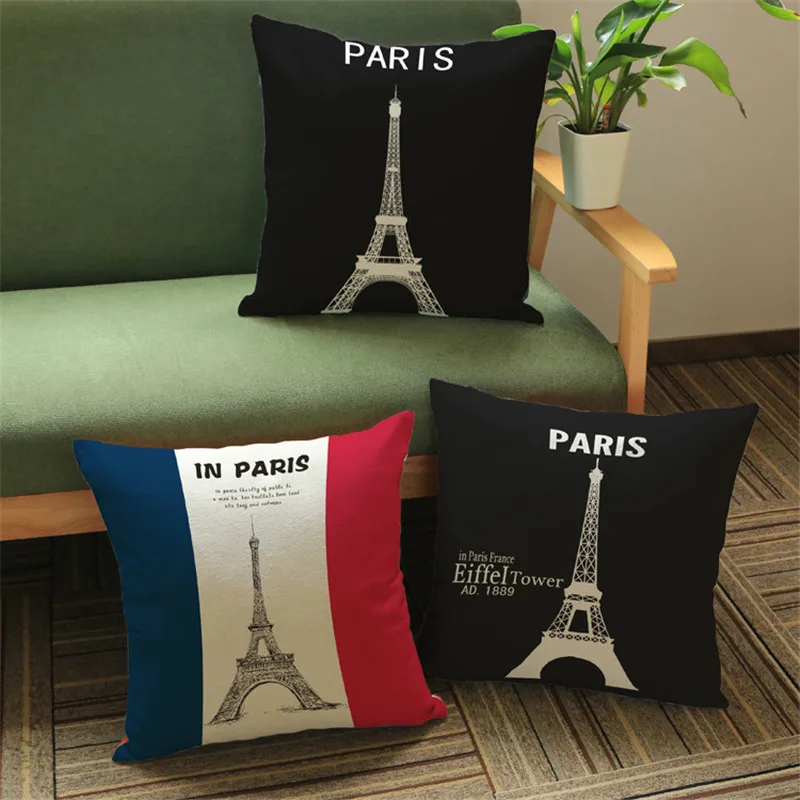 

Paris Eiffel Tower Pattern Cotton Linen Cushion Cover Chair Waist Pillow Cover Simple Style Pillowcase Home Decor