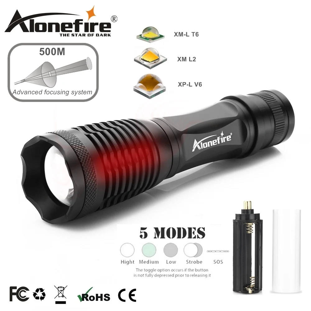 AloneFire E007 CREE XML T6 L2 U3 V6 светодиодный тактический фонарь с зумом, прожектор, фонарь для кемпинга, фонарь AAA 18650, перезаряжаемый аккумулятор