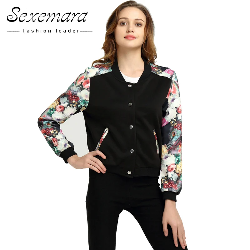 

Plus Size Bomber Baseball Jacket Button Suit 2017 Women Spring Autumn Print Tops Long Sleeve Basic Outerwear Coat Jacket
