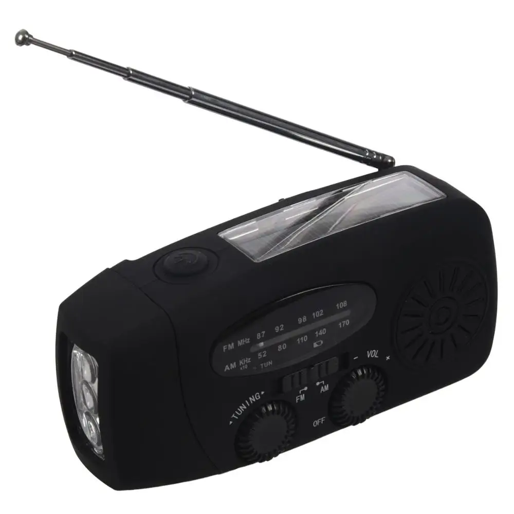 Многофункциональный ручной радио Солнечный Кривошип Динамо мощность ed AM/FM/NOAA погода радио использовать аварийный светодиодный фонарик и внешний аккумулятор - Цвет: black