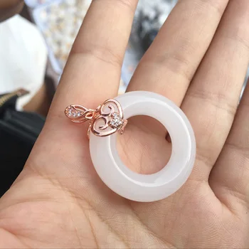 

Natural white jade rose gold embroidery pendant necklace