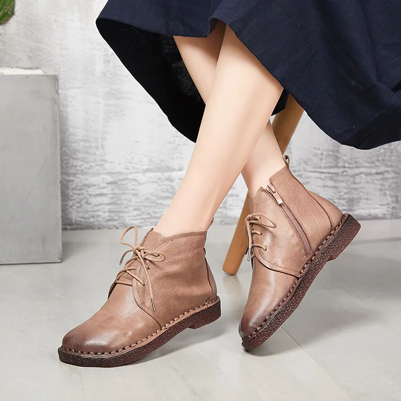 

CHAISHOU women shoes 2018 autumn leather genuineness Lace-up flats Soft bottom soft face Martin boots zapatos de mujer