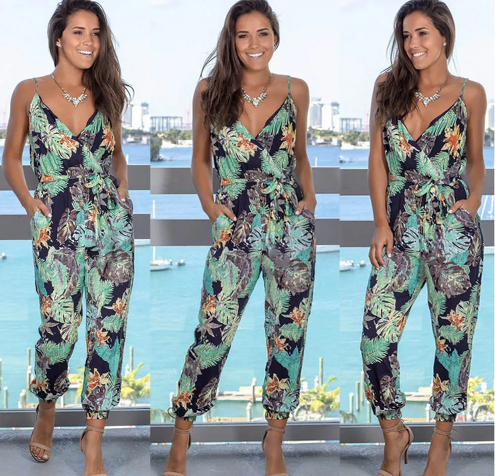 

Sleeveless Straps Jumpsuit Floral Pattern Straps Casual Pantsuits Loose Holiday Daily Wear Rompers eDressU CLX-101047
