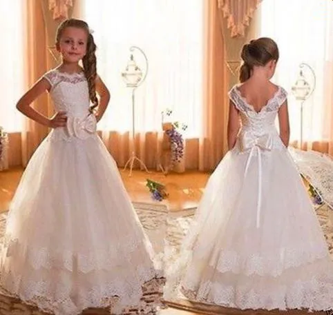 

New Cap Sleeve Backless Ivory Lace Flower Girl Dresses For Weddings 2019 Bow Floor Length First Communion Dresses For Girls