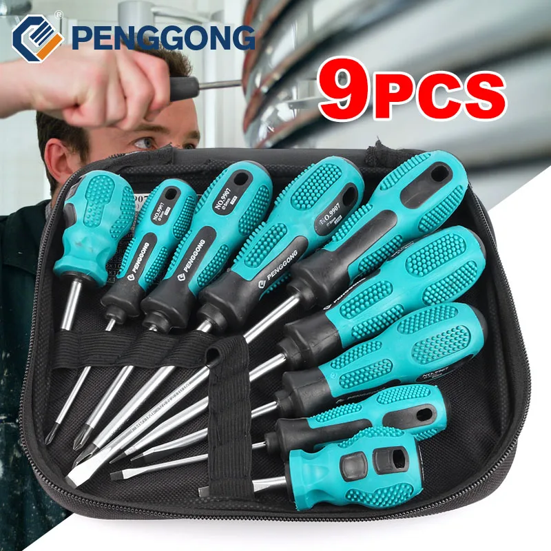 

9 pcs/set Cross Head Flat Head Slotted Tip Screwdriver Set Magnetic Phillips Slotted Plastic Handle Convenient Bag Repair Tools