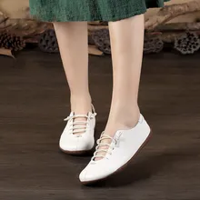 Новая мода ручной Для женщин из натуральной кожи Лоферы женская обувь на плоской подошве белого цвета на шнуровке дышащая повседневная женская обувь на плоской подошве