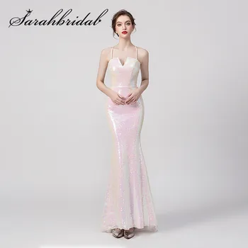 

Pink Evening Dresses Reflective Dress Candy Color Spaghetti Strap V-neck Criss-cross Sleeveless Floor Length Floor Length CC5259