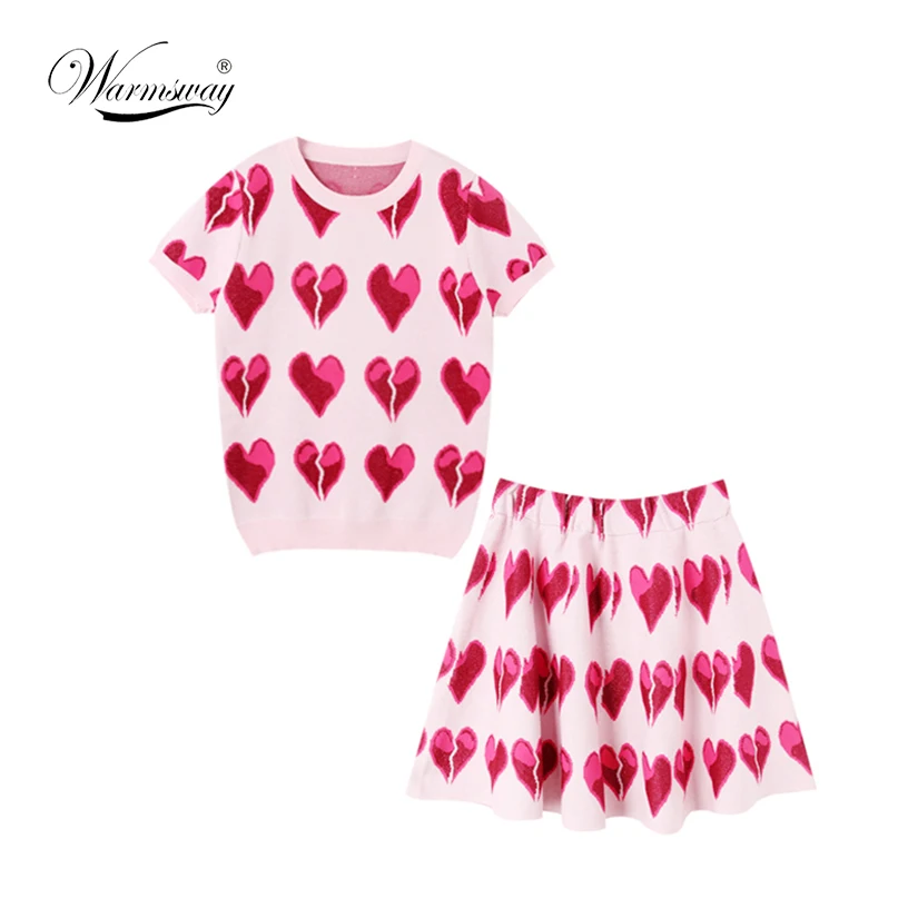 2019 Summer New Girls Two Piece Suit Clothing Love Pattern Short Sleeve Pink T-Shirt + High Waist Pleated Skirt Sets Women C-202