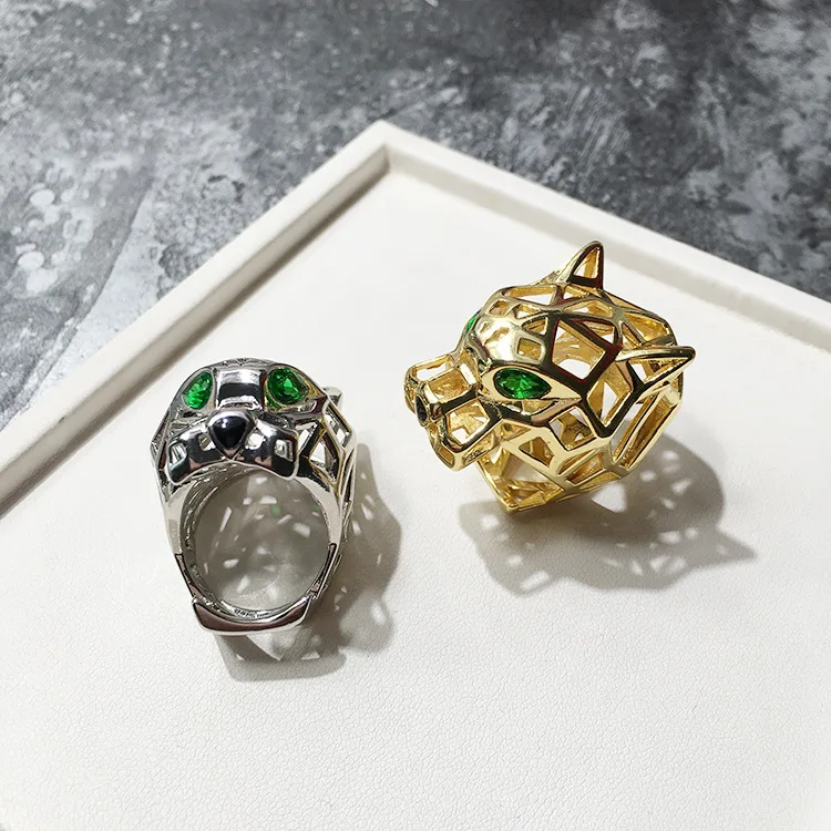 

Green Eye Leopard Ring for Women Free Size Hot Fashion Hollow Design Luxury Copper Metal Brand Rings