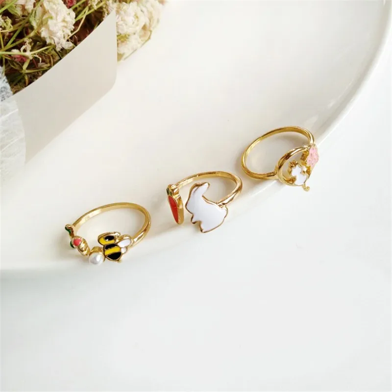 

Fashion Cartoon Bee Rabbit Cat Alloy Ring Open Pearl Crystal Joint Ring Cute Sweet Trendy Women Jewelry Accessories Gift