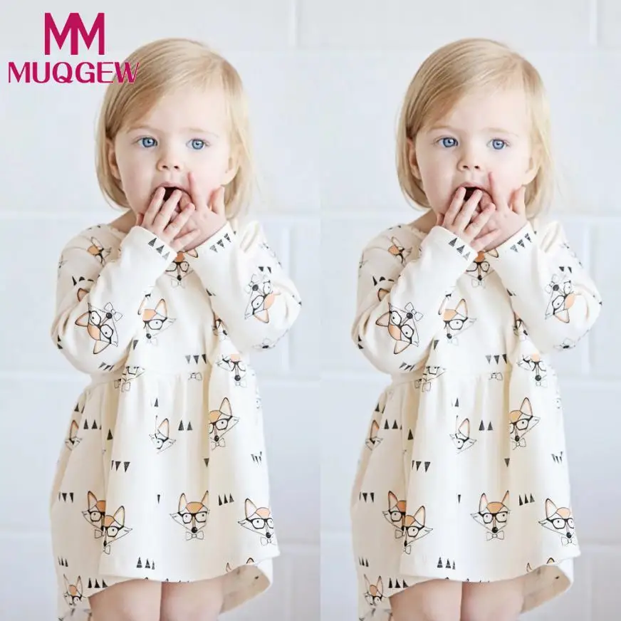 

MUQGEW 2018 tutu dress long sleeve baby clothing dress Toddler Baby Kids Girls Fox Cartoon Print Princess Stripe kz bebek elbise