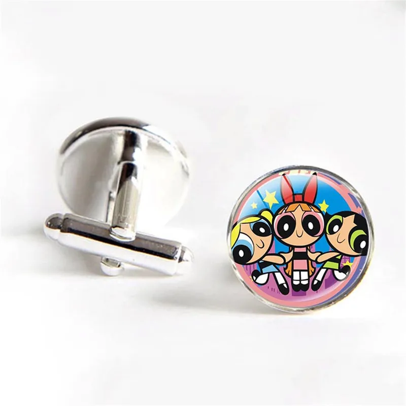 

Cute Men Shirt Cufflinks Powerpuff Girls Blossom Bubbles and Buttercup Custom Silver Plated Cufflinks Groomsmen Gifts