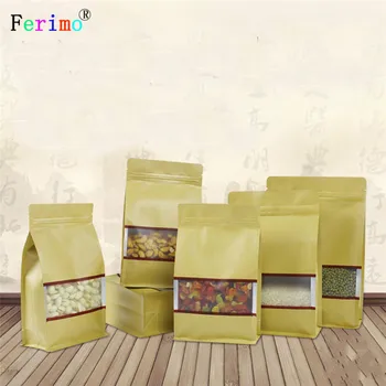 

free shipping 100pcs Kraft paper bag eight-sided self-sealing bag window aluminum plated tea gifts snacks cereal bags customized