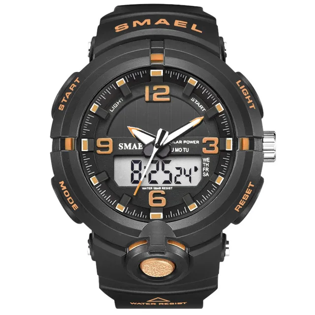 Black Gold SMAEL новые часы с солнечной энергией Мужские Цифровые кварцевые спортивные часы мужские многофункциональные наручные часы мужские военные часы relogios - Цвет: Black Gold