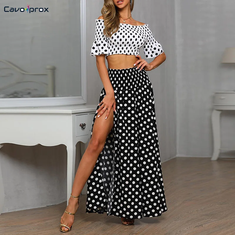 off the shoulder crop top and maxi skirt