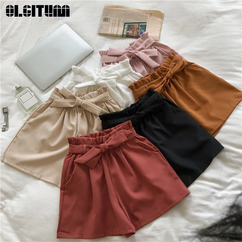 

New Summer Shorts Women with Pocket Solid High Waist Casual Summer Sweet Bow Elastics Waist Shorts Wide Leg Shorts feminino