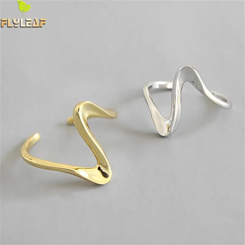 

Flyleaf 925 Sterling Silver Rings For Women Wide Face Wave Pattern Femme Personality Fashion Fine Jewelry Simple Open Ring Gold