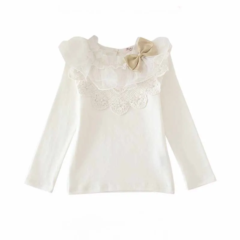 Хлопковая кружевная рубашка с длинными рукавами для маленьких девочек осенняя одежда для маленьких девочек от 2 до 7 лет Высококачественная Детская школьная верхняя одежда - Цвет: beige