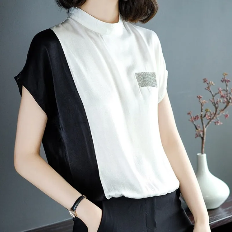 

Summer Fashion Women Diamonds Chiffon Blouse White Black Patchwork Female Loose Shirts Women's Formal Work Wear Blusas Femininas