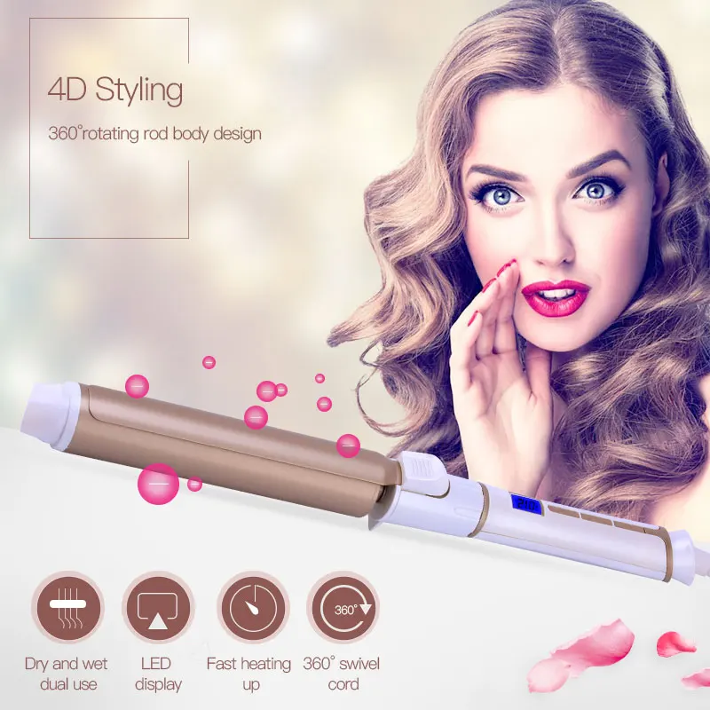 25mm Fast Heating 360 rotating clip Hair Curler Curling Iron Wand LED Digital Wave Hair Styling