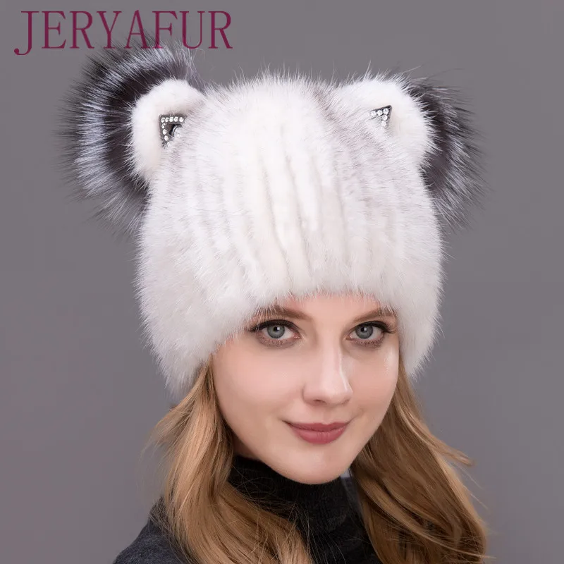 JERYAFUR Winter Women's Mink Hat Vertical Weaving Hat Genuine Natural Fox Mink Fur Cap Lovely Cat Ears Style Hats 2