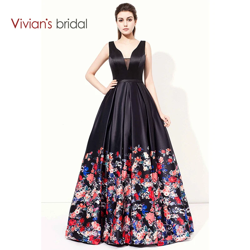 Vivian's Bridal Double V Neck Sleeveless Satin A Line Evening Dress Long Print Flower Prom Dress Formal Evening Gown ED200-11